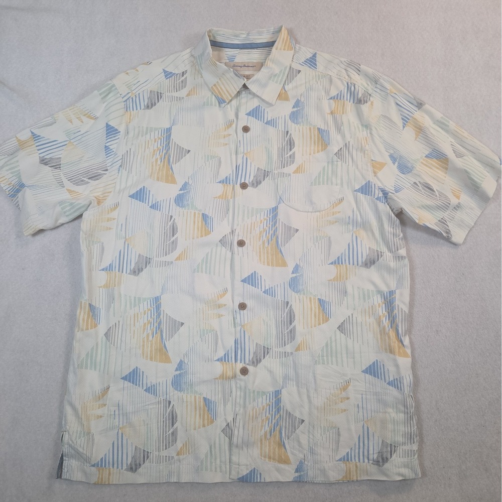 Tommy Bahama Silk Shirt Mens Large White Geometric Original Fit Button Up
